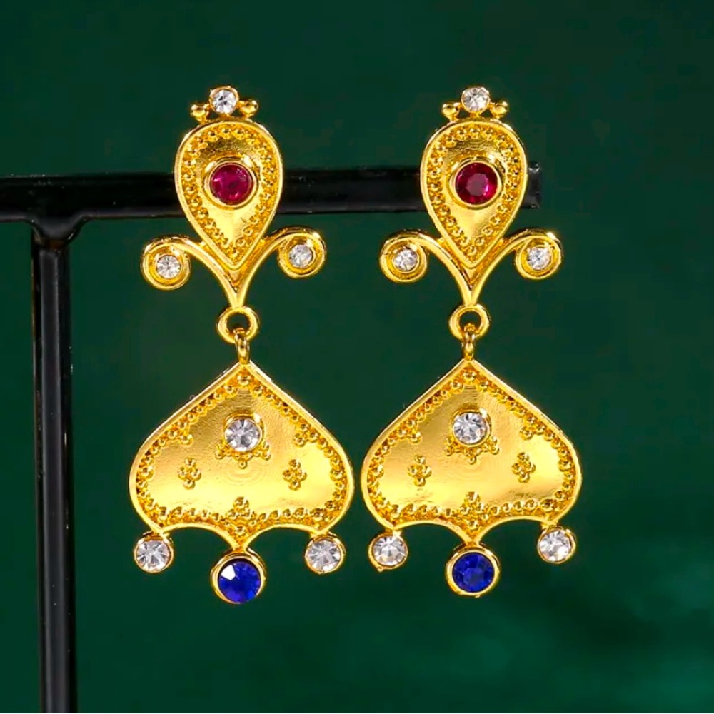 Gold Plated, Multi stone Inlaid Metal Carved Cubic Zirconia Boho Geo Earrings